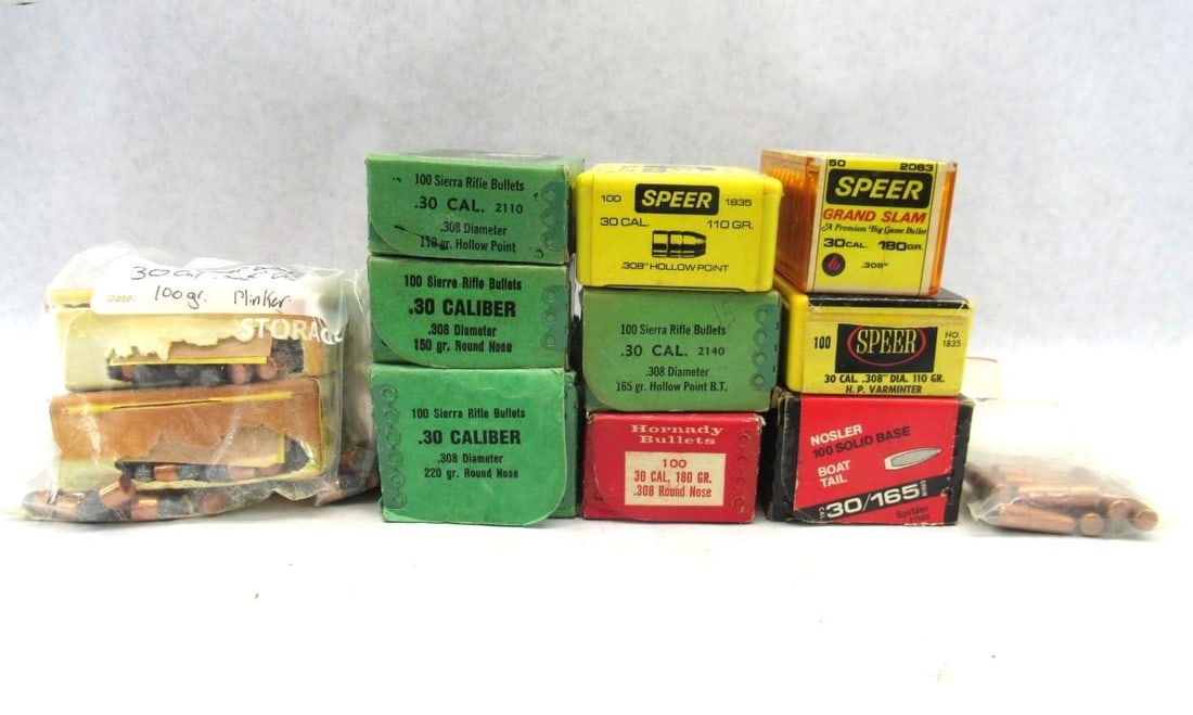 (1000) .30 Cal Bullets: .308 dia., incl. Plinker, Hollow Point, Round Nose, Spitzer 