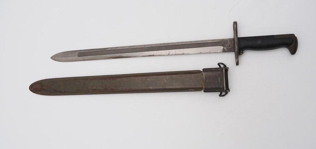 Springfield M1905 Bayonet w/ U.S. 1905 Springfield Sheath: 15.75"L blade, 1942 Issue M1 Garand 