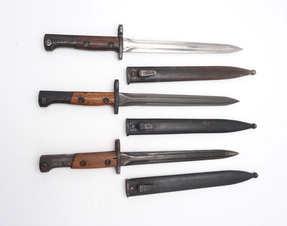(3) S.A. 30 Bayonets w/ Sheath: 9"L blade, used on FN Model 30-06 Rifles (Fabrique Nationale) 
