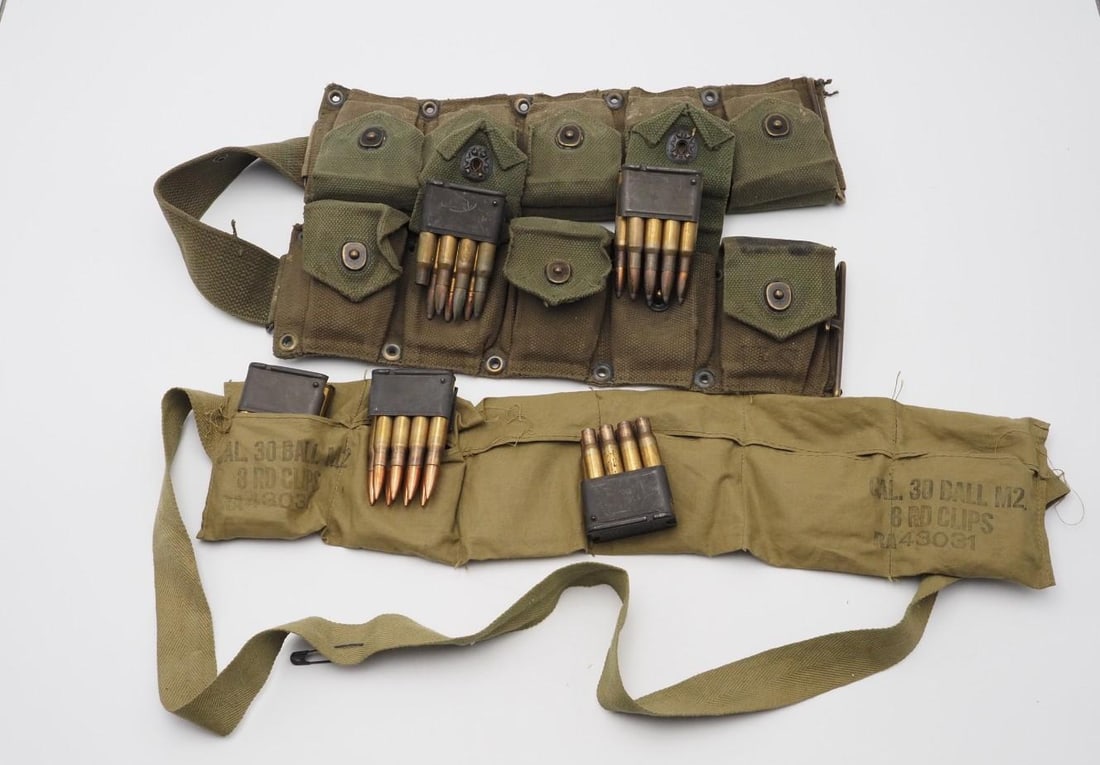 (2) Military M-1 Garand Magazine Belts w/Magazines & Cartridges: (13) Magazines, (95) Cartridges & (8) Brass 