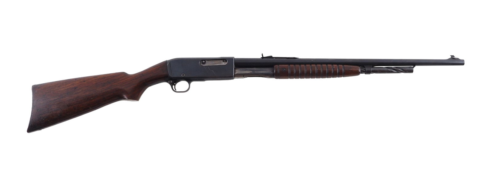 Remington Model 14 Slide Action Rifle: s.n. C93569, .35 Rem., 22" barrel with open sights. Metal is good with some slight marking on the receiver. Butt stock has a small crack on the right where it meets the receiver, with original