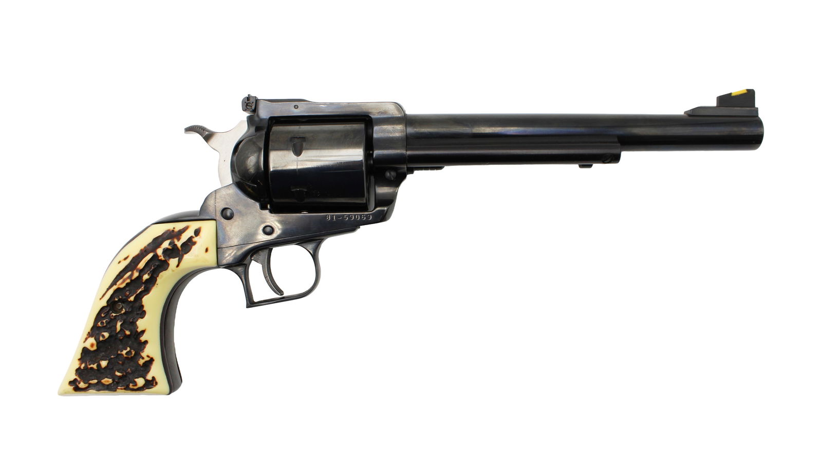 Ruger New Model Super Blackhawk Single Action Revolver: s.n. 81-59069, .44 Mag., 7.5" barrel with adjustable rear sight, yellow insert in blade front sight and faux stag grips. In like new condition with a light drag ring on the cylinder. Modern