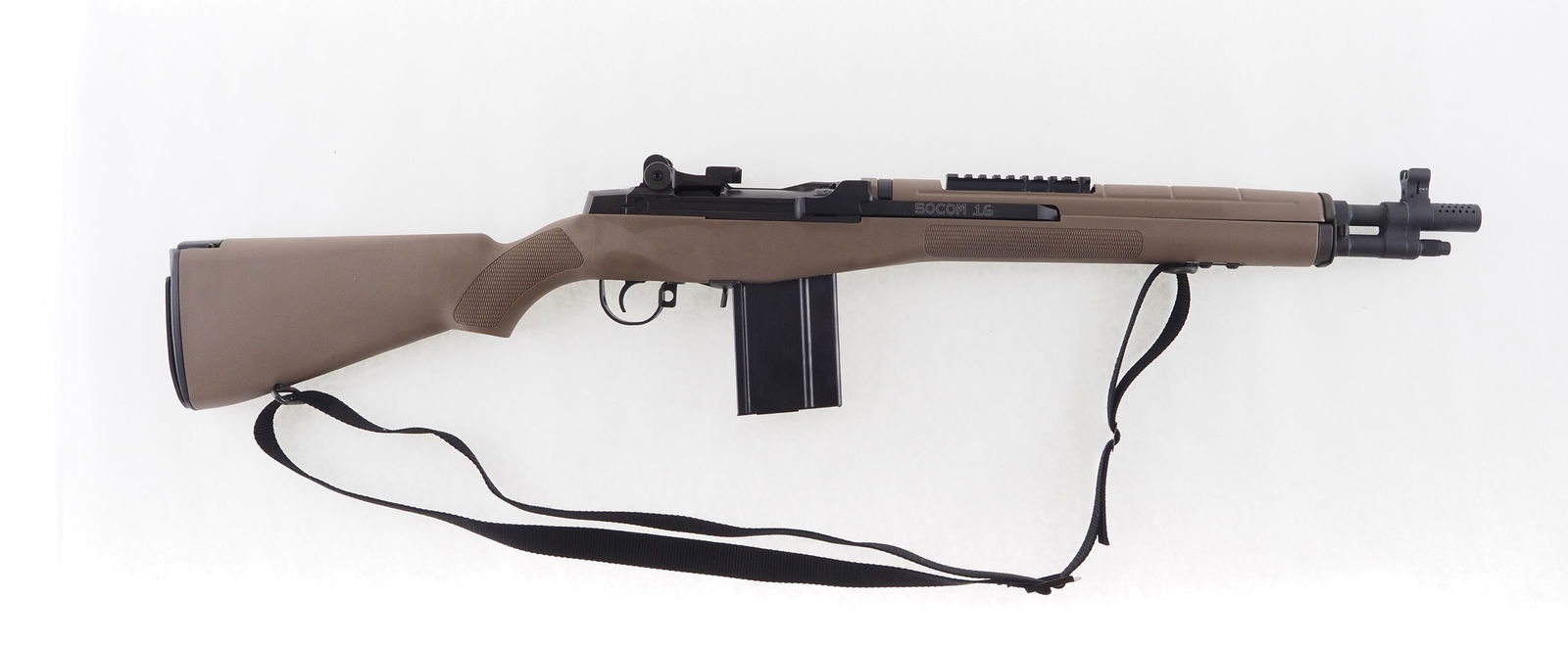 Springfield Armory M1A Socom 16 Semi Automatic Rifle: s.n. 406791, 7.62 NATO, 16" barrel with rail, FDE synthetic stock, with (6) magazines (restrictions) and a soft case. Modern (26-0032) 