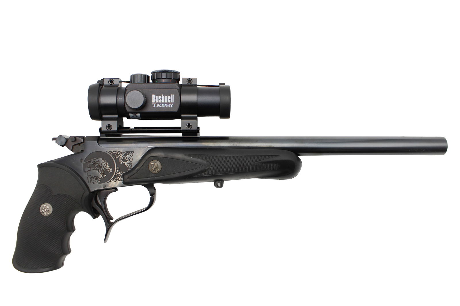 Thompson/Center Contender Pistol: s.n. 211760, 7-30 Waters, 14" plain barrel,with a Bushnell Trophy Red/Green dot sight, Pachmayr grip and forend & a hammer extension. Modern (26-0073) 