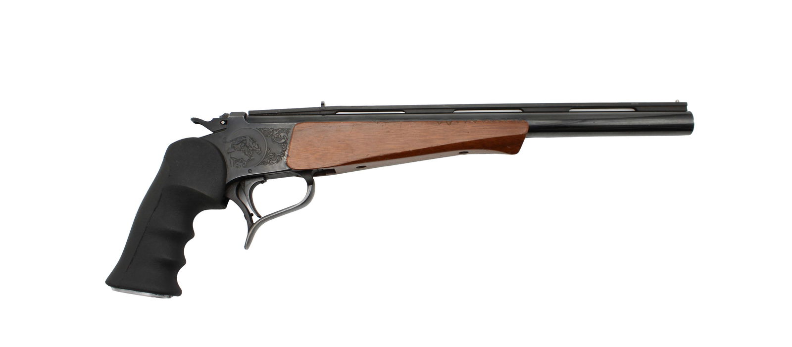 Thompson/Center Contender Pistol: s.n. 404550, .45/.410, 14" ventilated rib barrel with fixed rear sight and bead front sight, wood forend and synthetic grip. Forend has been notched on right side and the barrel has wear on left side