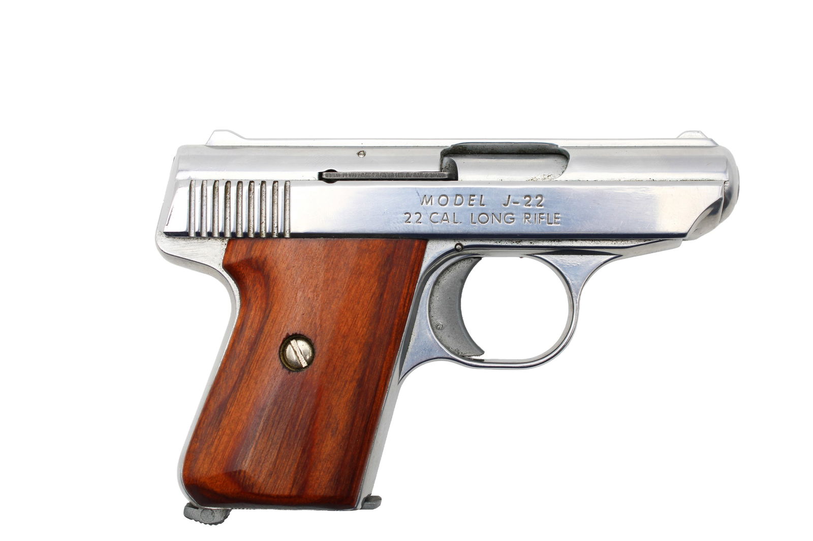 Jennings Model J-22 Semi Automatic Pistol: s.n. 379878, .22 LR, satin nickel finish, 2.5" barrel with fixed sightsand wood grips. Included is the original box and paperwork. Modern (25-0219) 