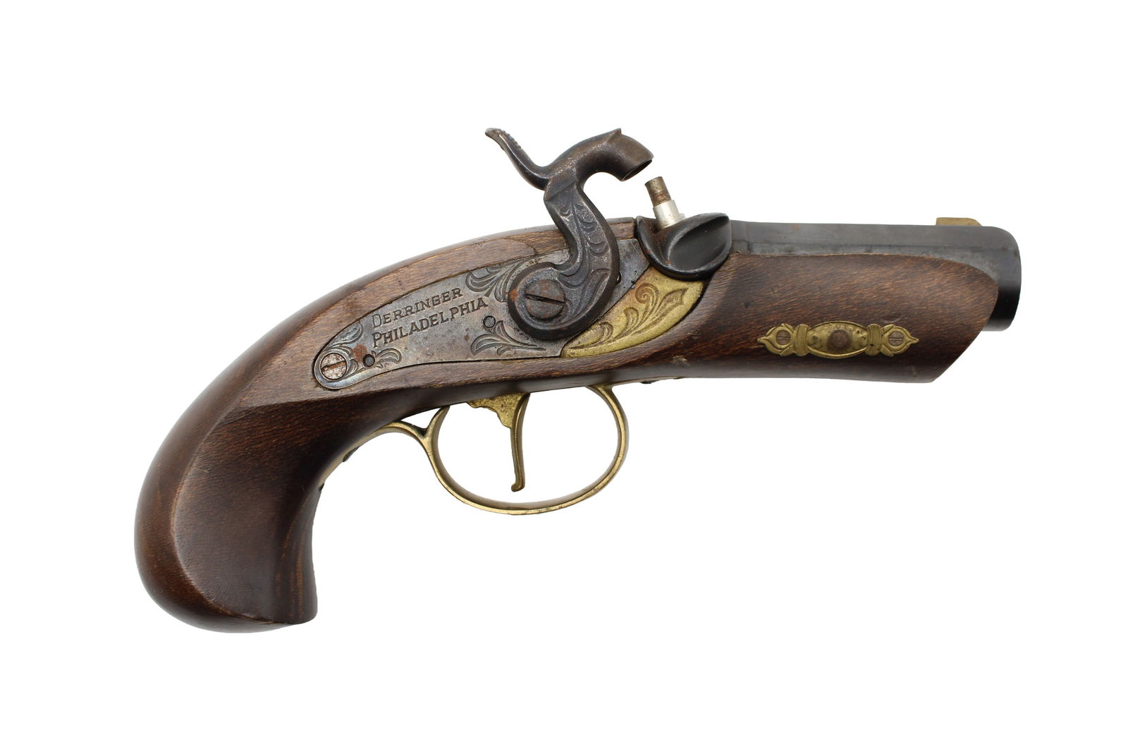 Jukar Philadelphia Percussion Derringer: s.n. 178291, .45 cal., 3" barrel with a blade front sight, brass hardware and case color lock. Made in Spain. Exempt 