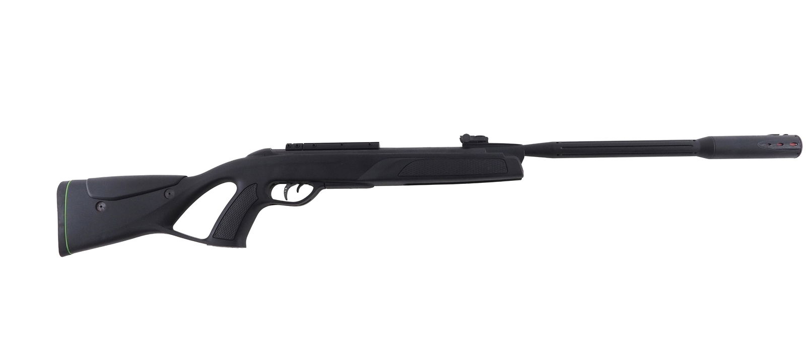 Gamo Whisper Fusion Elite 975 Pellet Rifle: s.n. 04-1C-225840-17, .22 cal., 16" fluted barrel, front sight is missing, grooved receiver with mount for scope and black synthetic thumbhole stock. Exempt