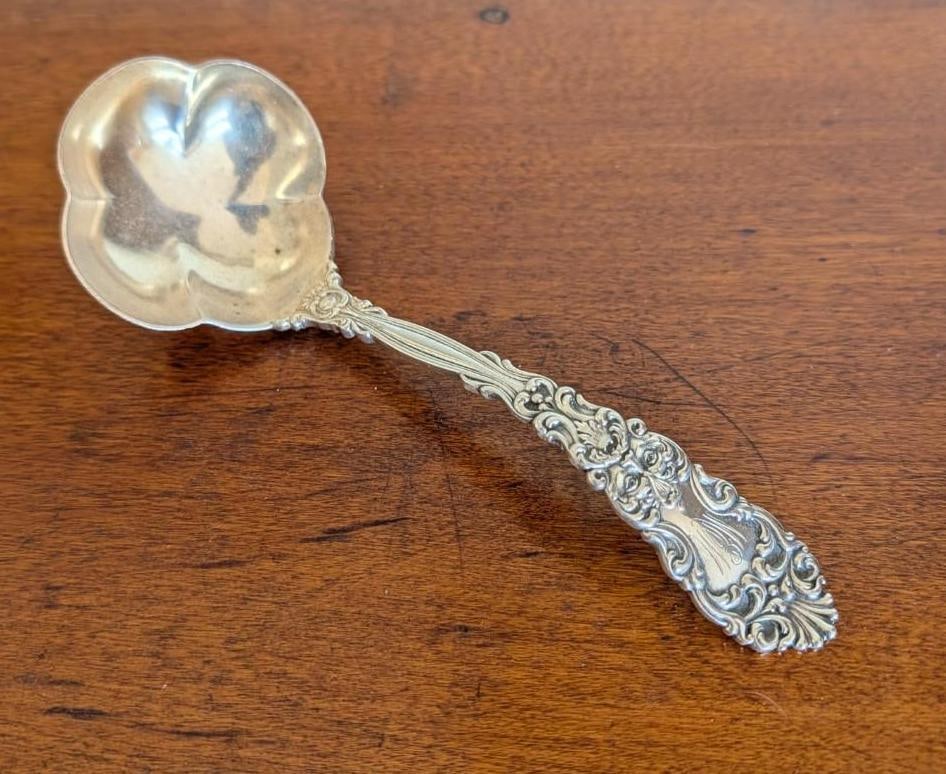 Dominick & Haff Sterling Silver Serving Ladle: 7.375" in length, 106.9 grams, monogram 