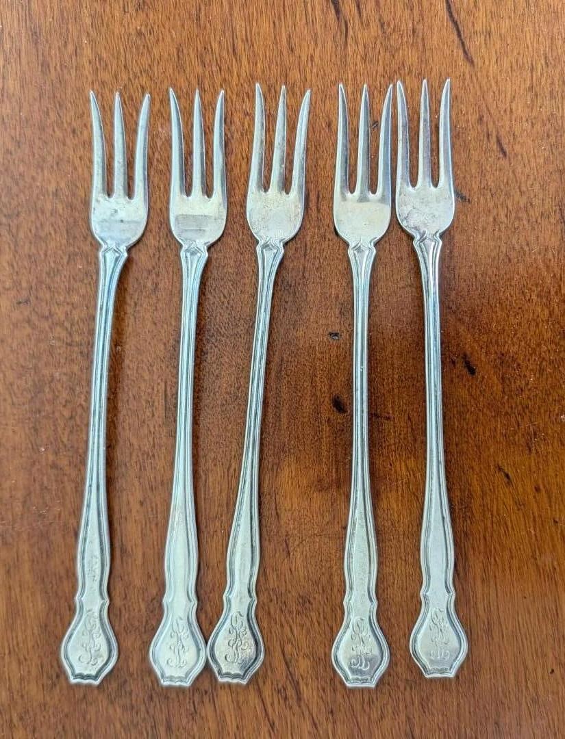 Set of (5) Wallace Sterling Silver Cocktail Forks: 5.75" in length, 73.3 grams, monogram 
