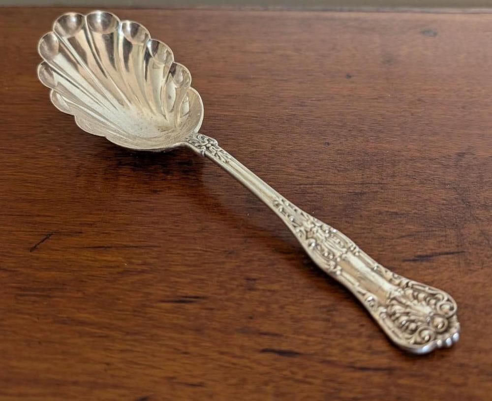 Dominick & Haff Shell Form Serving Spoon: 7.75" in length; 85.8 grams, monogram 