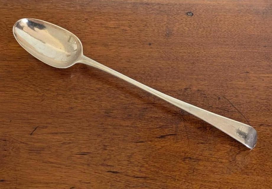 Antique London Sterling Silver Stuffing Spoon: 11.25" in length, 89.8 grams, crest 