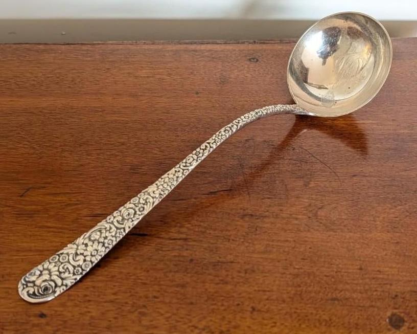 Jacobi & Jenkins Sterling Silver Repousse Ladle: 12.5" in length, 205.2 grams, monograms 