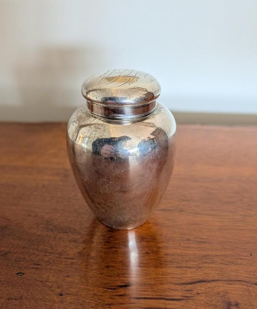 Hayward & Sweet Sterling Silver Canister w/ Cover: 3.75" in height, 155.2 grams, cover monogrammed, couple of minor dents 