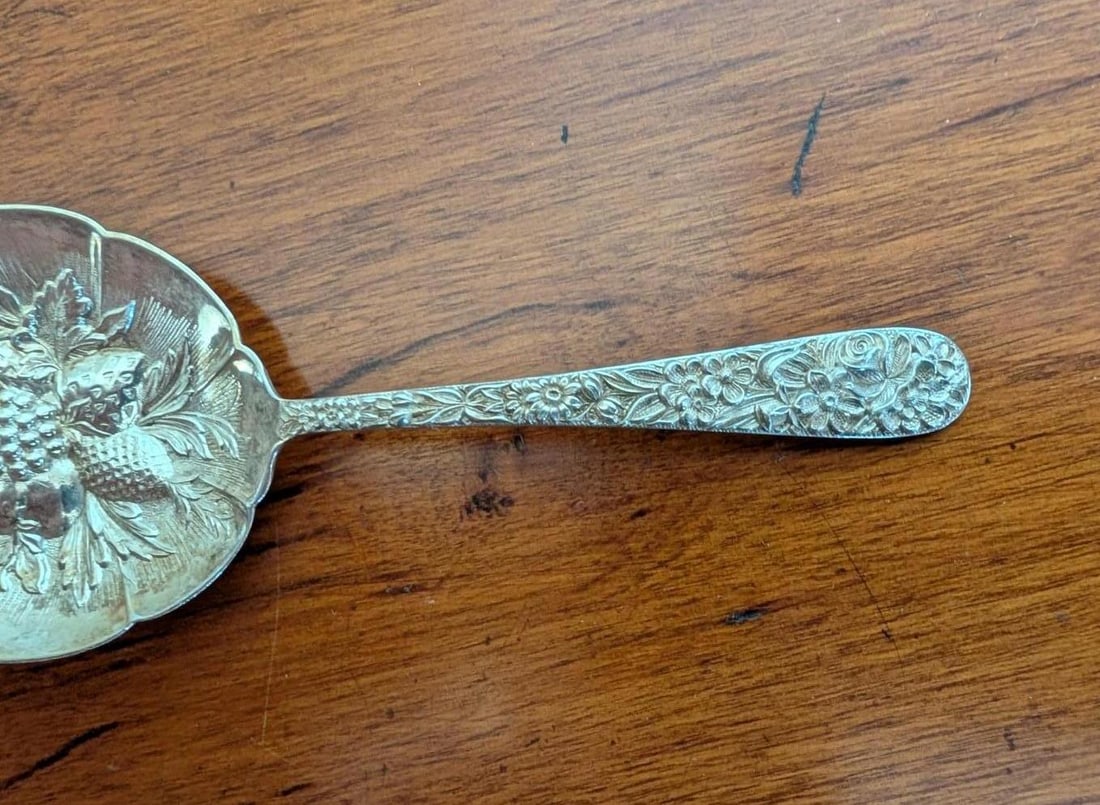 Pair of S. Kirk & Son Sterling Silver Repousse Berry Spoons - 15