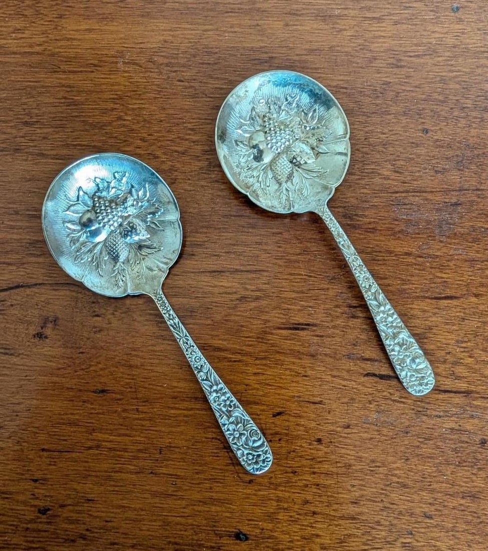 Pair of S. Kirk & Son Sterling Silver Repousse Berry Spoons - 3