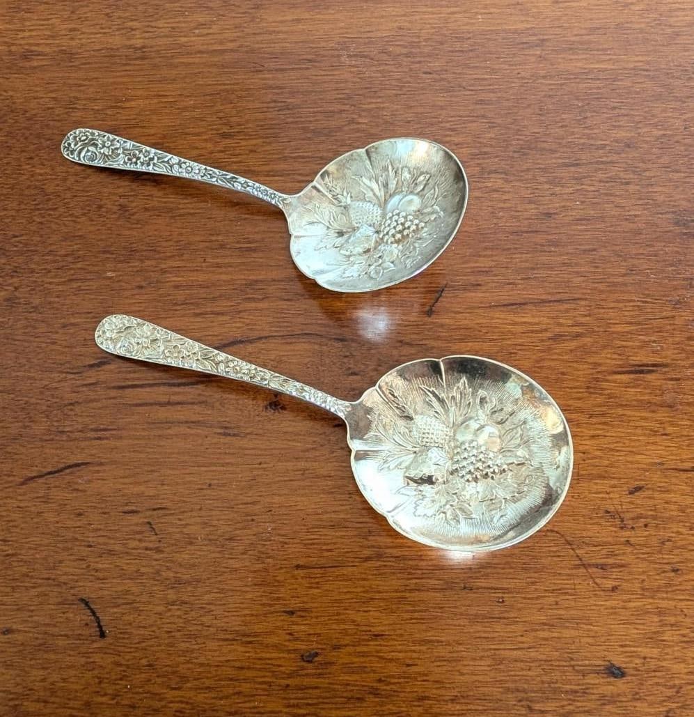 Pair of S. Kirk & Son Sterling Silver Repousse Berry Spoons - 4