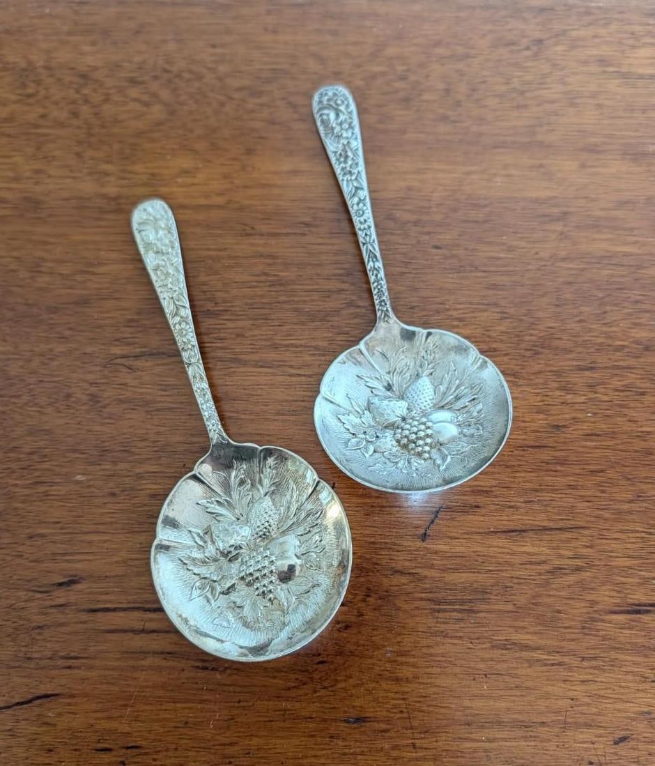 Pair of S. Kirk & Son Sterling Silver Repousse Berry Spoons - 5