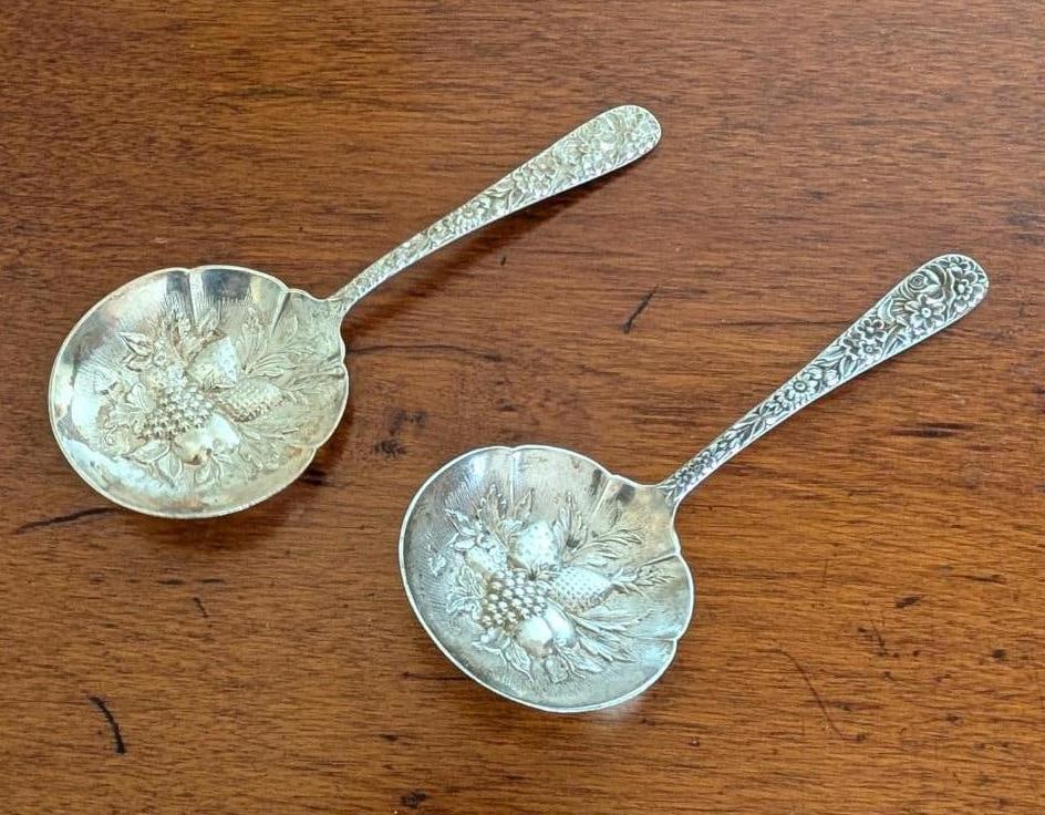 Pair of S. Kirk & Son Sterling Silver Repousse Berry Spoons - 6