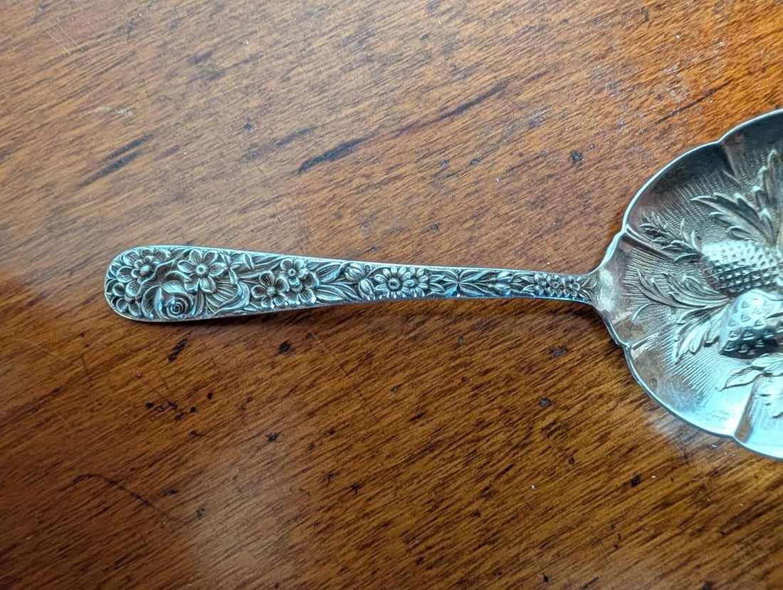Pair of S. Kirk & Son Sterling Silver Repousse Berry Spoons - 8