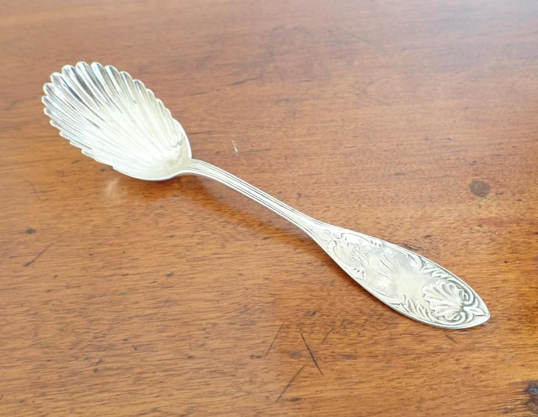 English Sterling Silver Shell Form Serving Spoon: 8.5" in length; 61.1 grams; monogram 