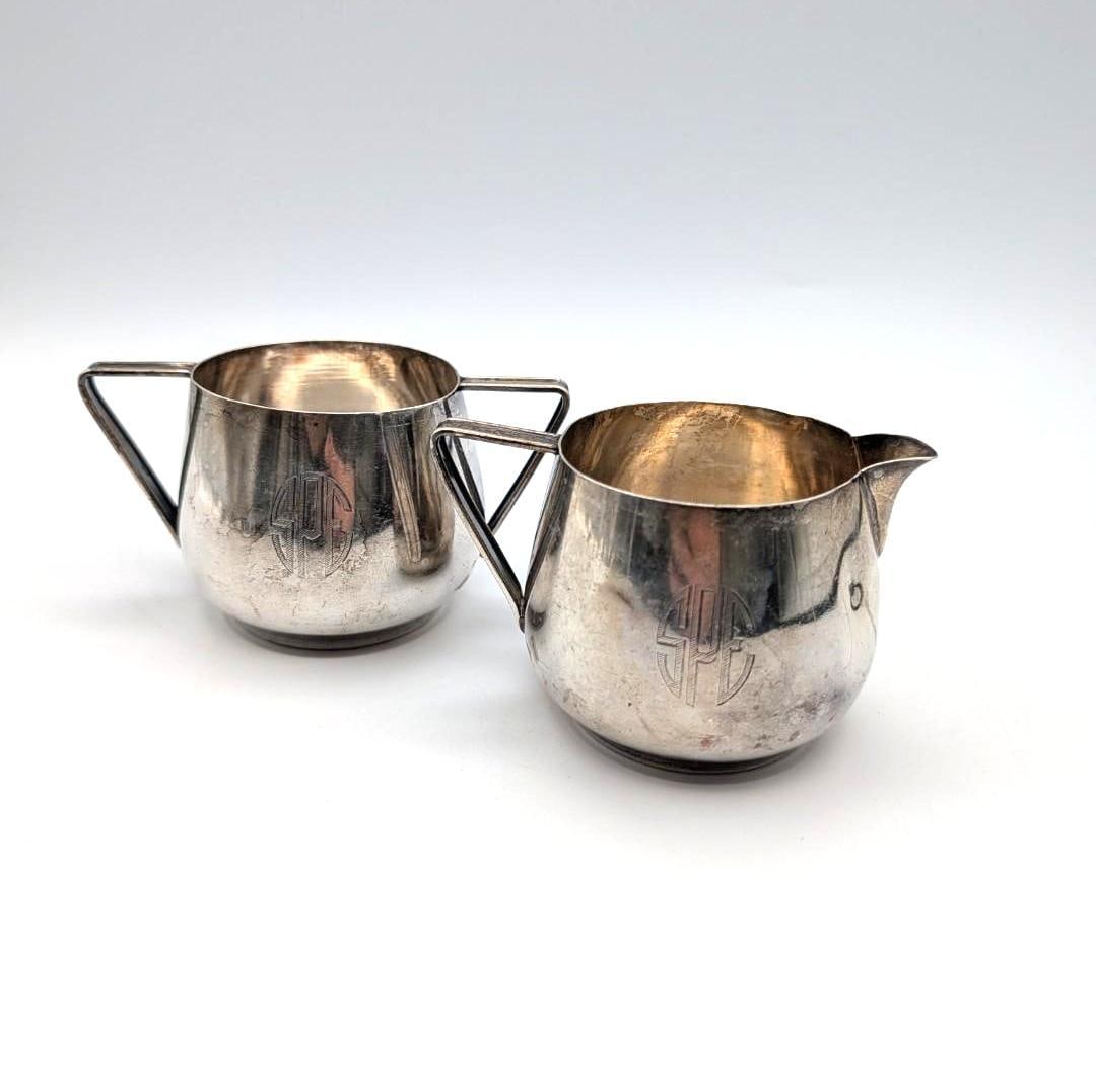 Art Deco Sterling Silver Sugar & Creamer: each 2.375" in height; 228.7 grams; monograms; minor imperfections