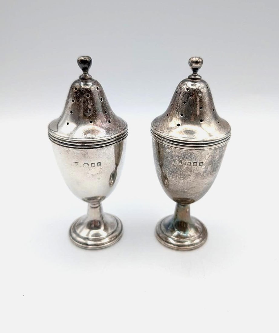 Pair of Lionel Alfred Crichton, London, Sterling Silver Shakers: 4.125" in height; 101 grams 
