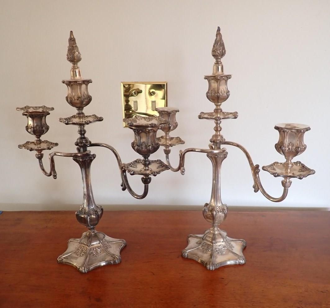 Pair of Meridan Silverplate Three Light Candelabra: 13.75" in height 