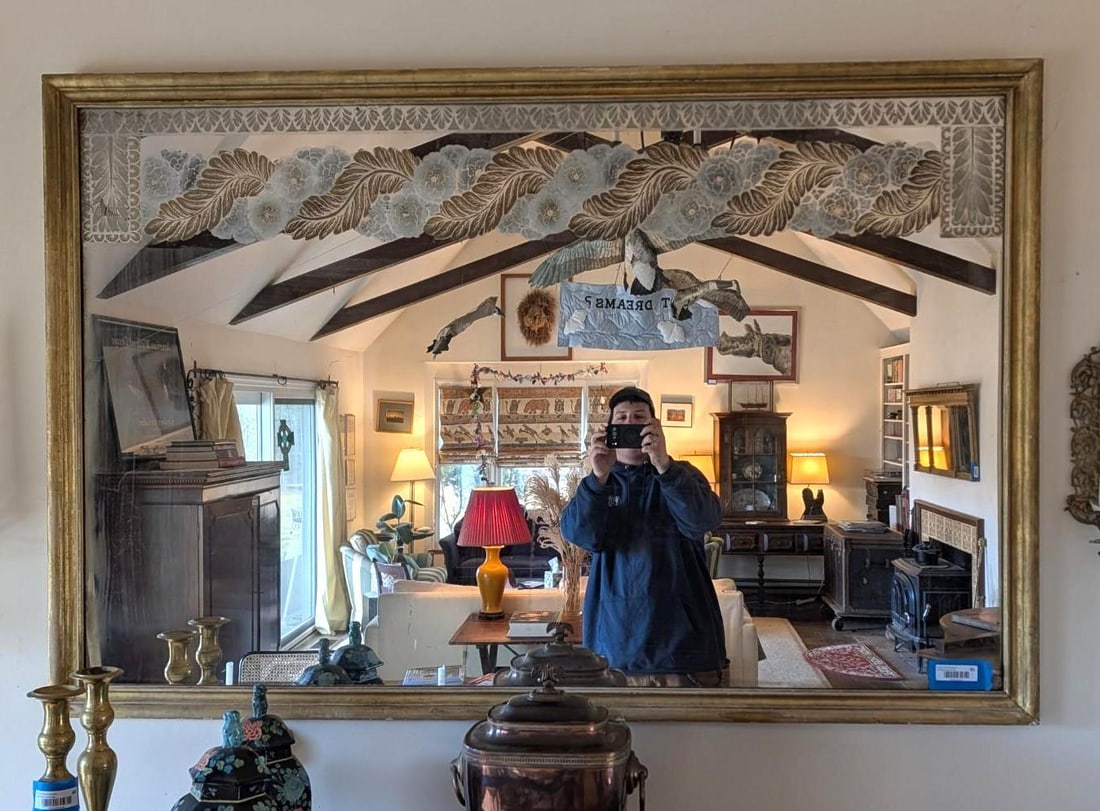 Lemon Gilt Framed Over Mantle Mirror: 42" x 64.5"; w/ eglomised stenciled rope twisted leaves & flowers 