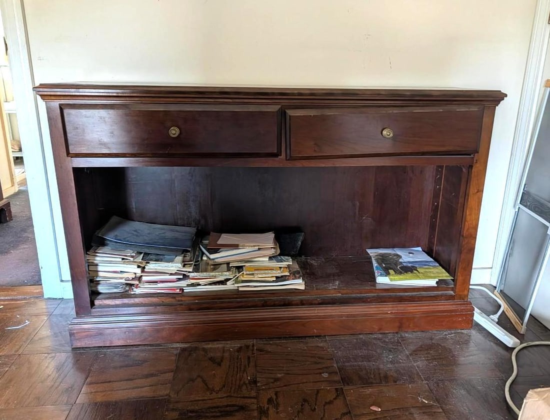 Woodcraft Cherry Sofa Table/Bookcase: 50" x 13" x 30.5" in height; two drawers 