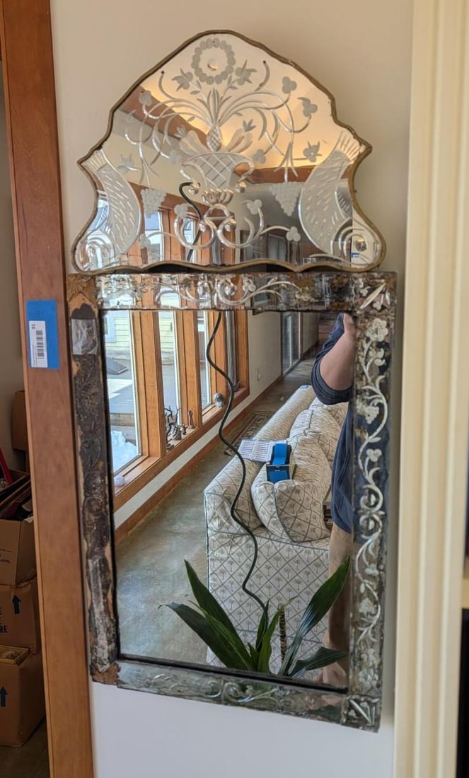 Antique Venetian Mirror: needs repair; 35.25" x 17" 