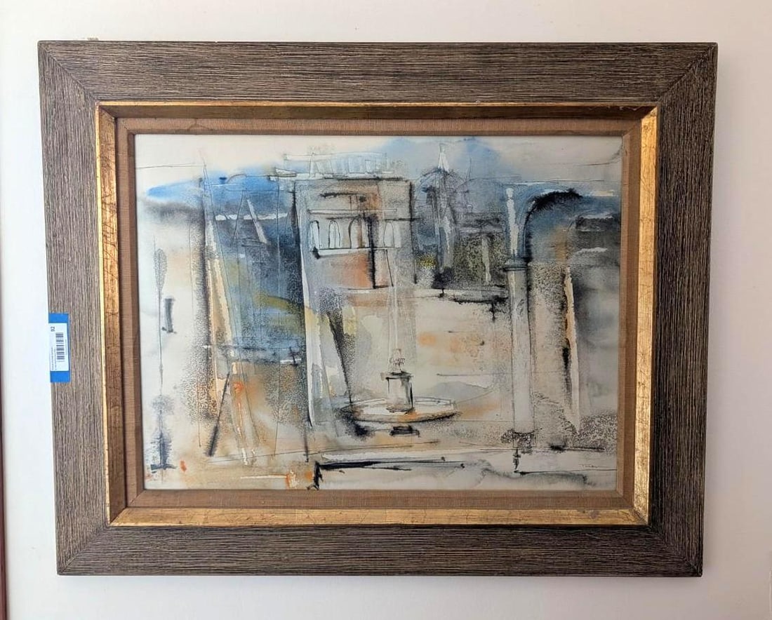 William Thon Watercolor Painting "The Piazza": depection of a fountain in Rome; slr "Thon" and label en verso; 29.5" x 36" framed 