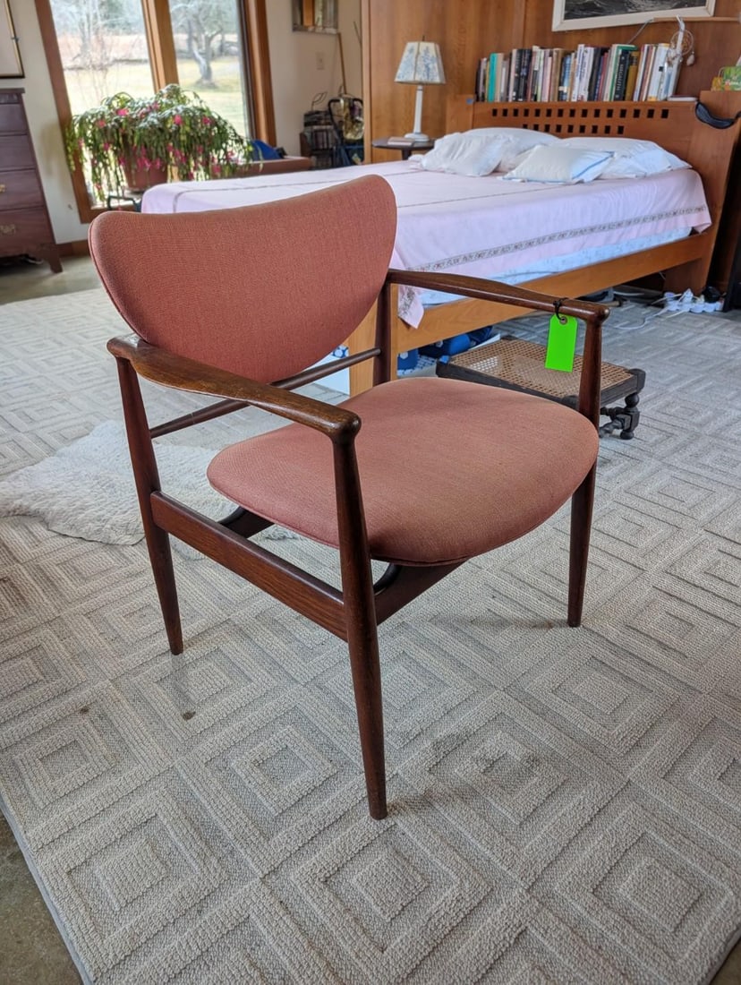 Finn Juhl for Niels Vodder Mid Century Modern Armchair: model NV-48, some wear and weathering; 27.5"x 24" x 30.5" 