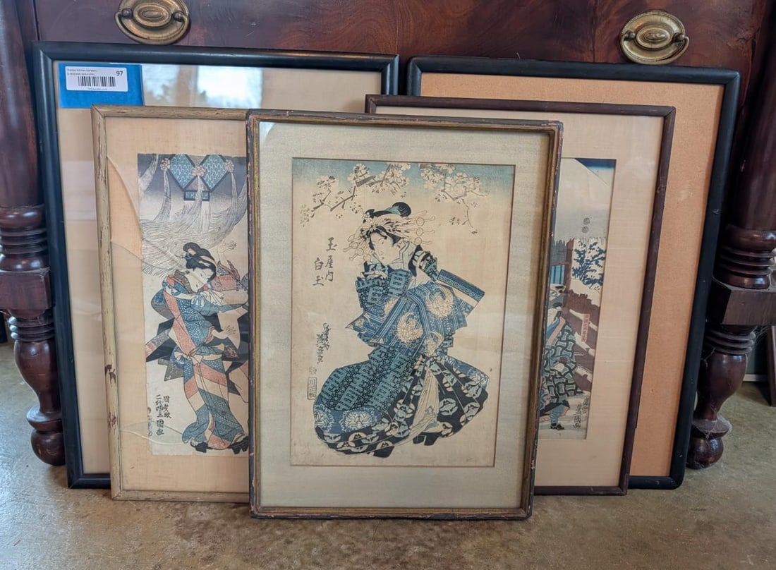 (5) Vintage Japanese Woodblock Prints: artists include: Utagawa Kunisada, Utagawa Kuniyoshi; the largest being 21.5" x 16" framed; some damage 