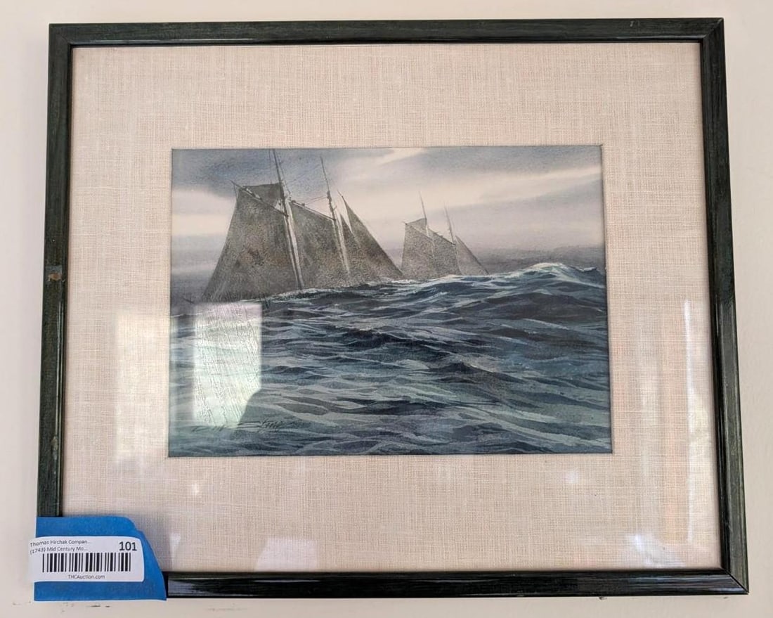 Don Stone Watercolor Painting Sailboats w/ Approaching Storm: sll; 13.5" x 16.25" framed 