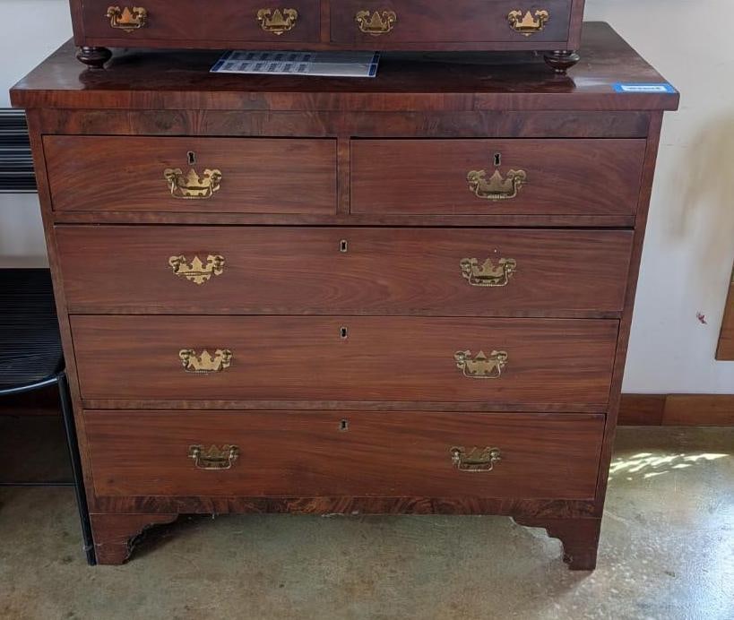 Chippendale Flame Mahogany 2 over 3-Drawer Chest: bracket feet; brasses replaced; 41.5" x 19.25" x 39.5" in height 