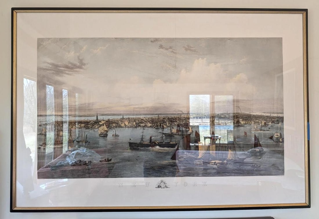 Contemporary C. Mottram Colored Engraving "New York" Harbor: 41.5" x 61" framed 