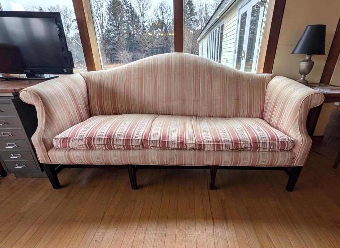 Chippendale Style Camel Back Sofa: fading & damage; 30" x 80" x 37"