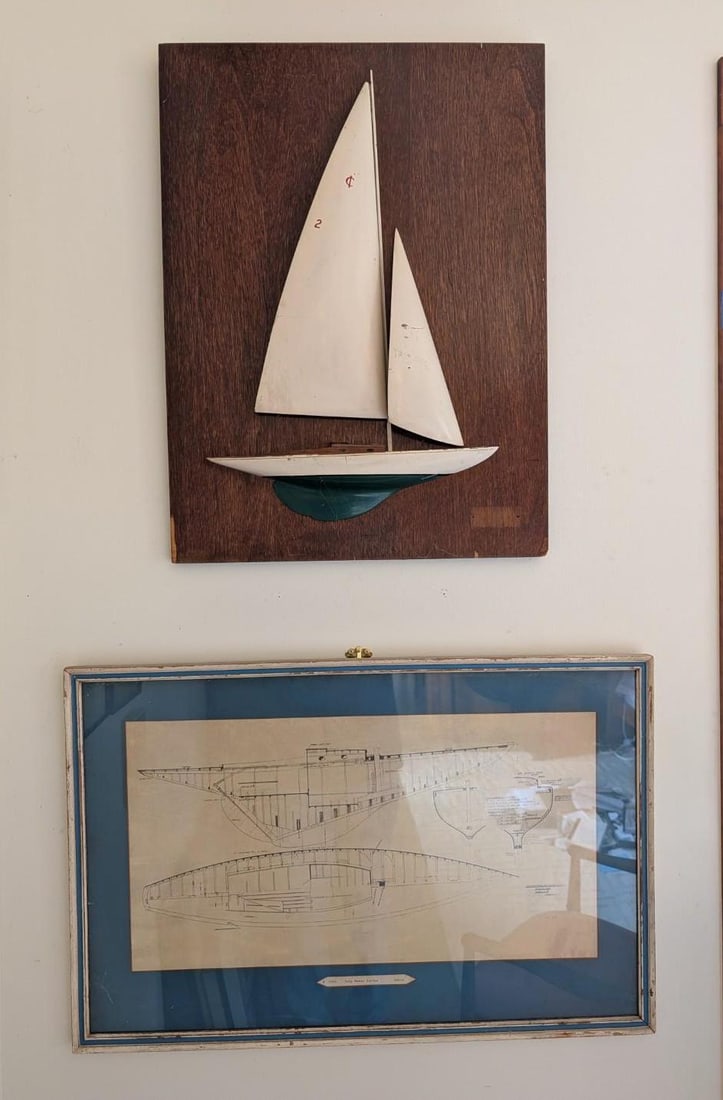 Rigged Half Model & Workplan for 1959 July Manny Series Sailboat "Annie": the half model board 25.25" x 19"; the workplan 19.5" x 29.25" framed 