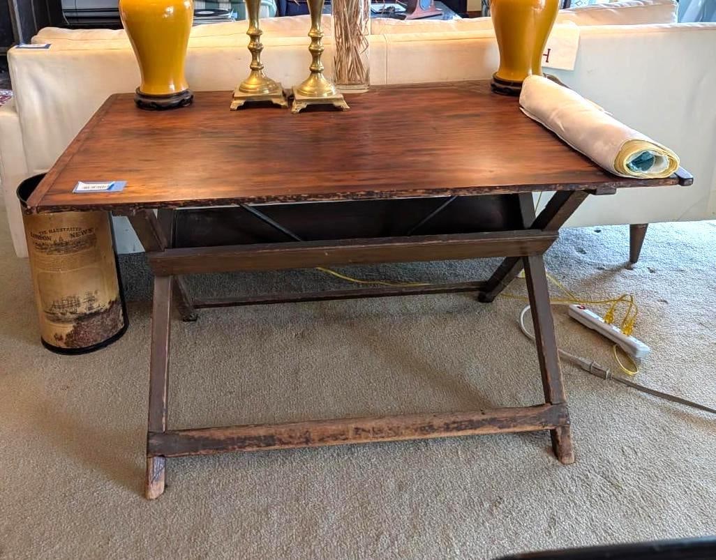 Vintage Pine Saw Buck Table w/ Bread Board Top: 29" x 48" x 26.75" in height 