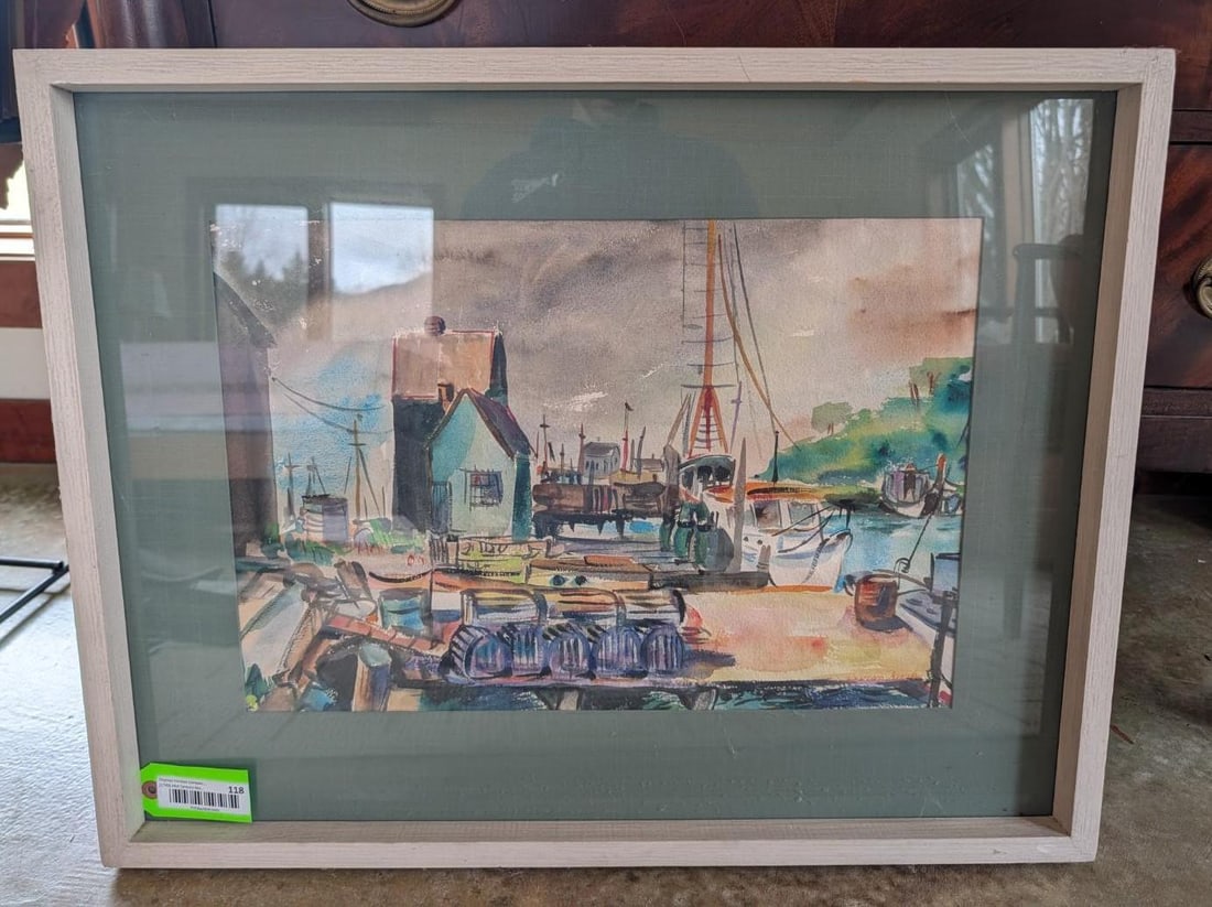 Vivian Kinsley Watercolor Painting Depicting a Harbor Scene: slr; 20.75" x 26.75" framed 