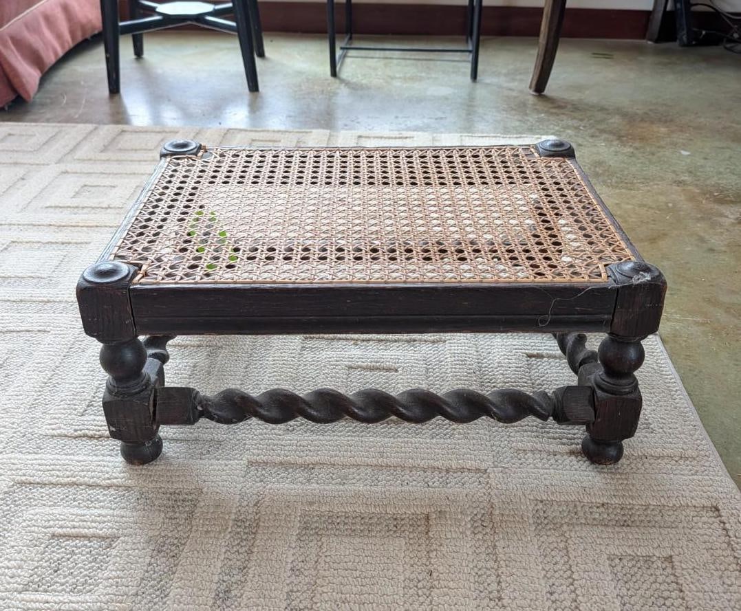 Antique Caned Oak Foot Stool: rope turned stretchers; 13.75" x 19.75" x 8.5" in height 