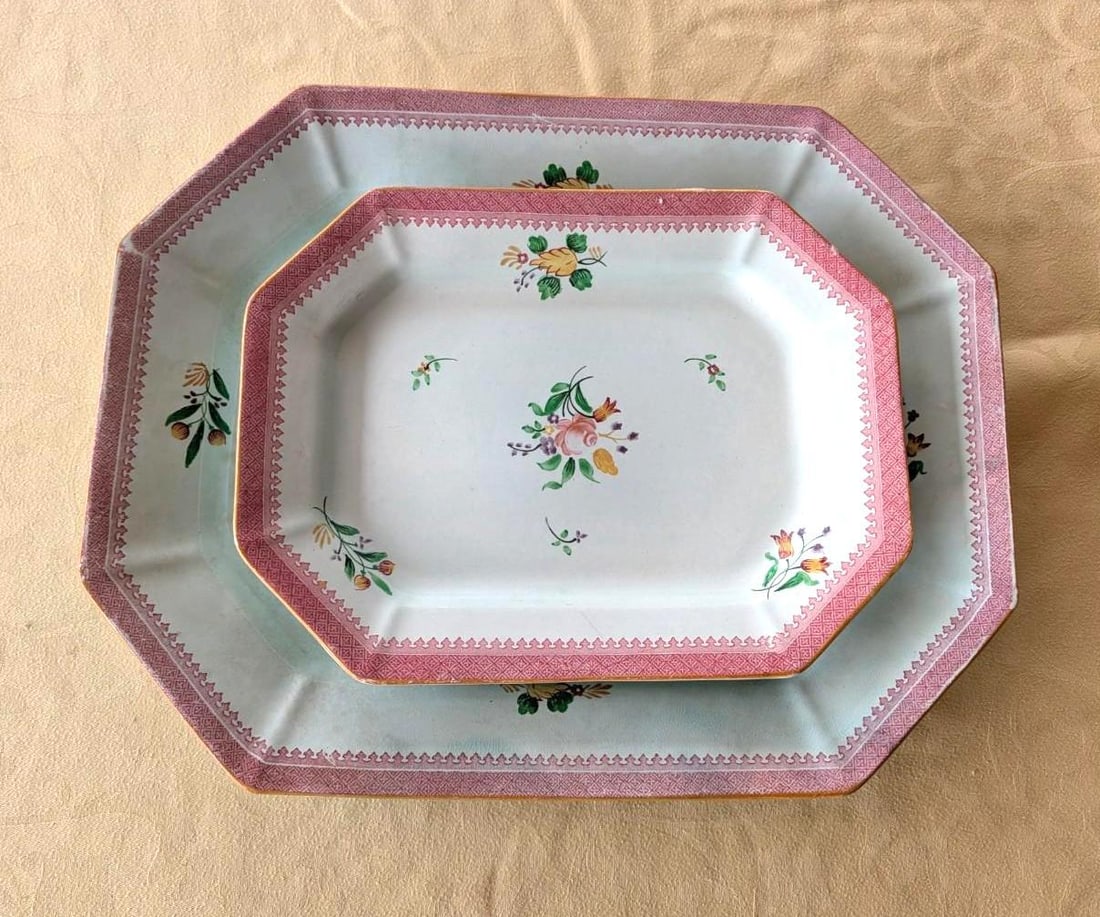 (2) Antique Adams Calyx Ware Platters: 16.625" x 13.125" & 12" x 9" 