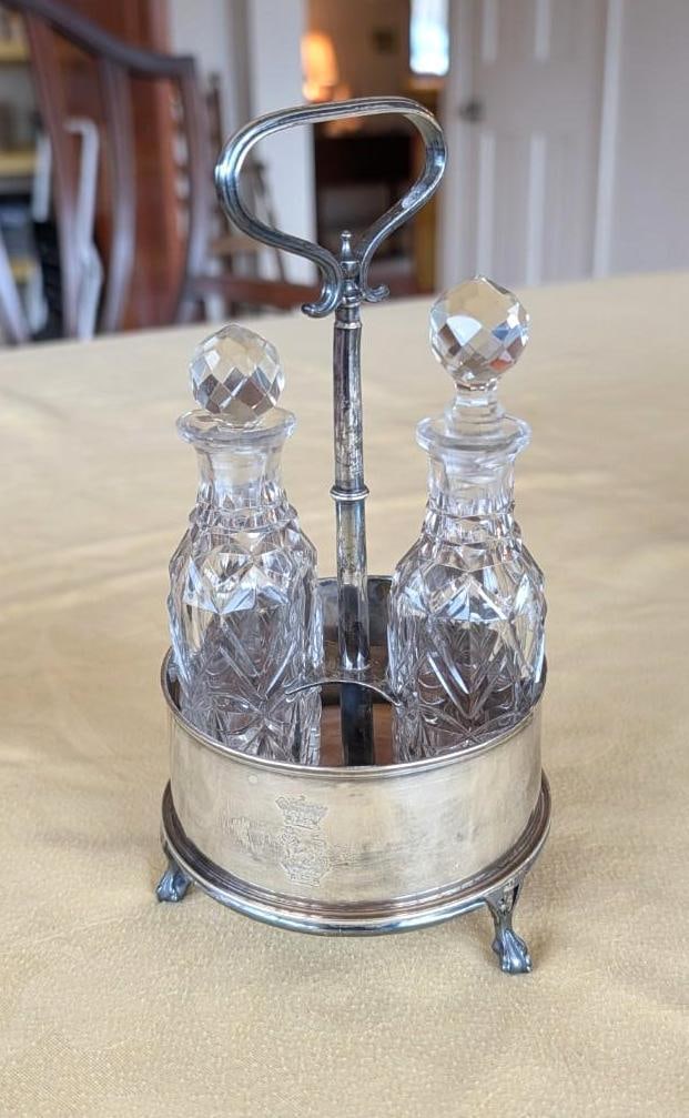 Cut to Clear Cased Glass Cruet & Continental Silver Plate Caddy w/ (2) Crystal Bottles - 2