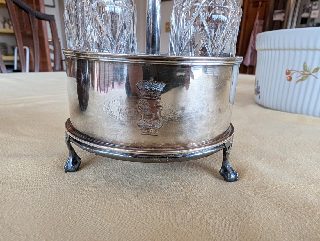 Cut to Clear Cased Glass Cruet & Continental Silver Plate Caddy w/ (2) Crystal Bottles - 3