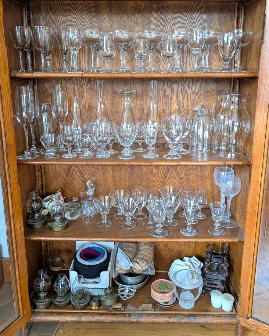 (85+) Crystal, Glassware, Small Oil Lamps, Lamp Chimneys, Candle Hurricanes, Pewter, More... (1 of 9)
