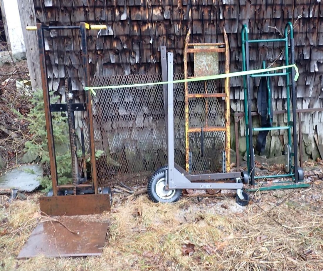 (3) Appliance Style Hand Trucks: incl. shop made set of rollers, Location: Backyard 