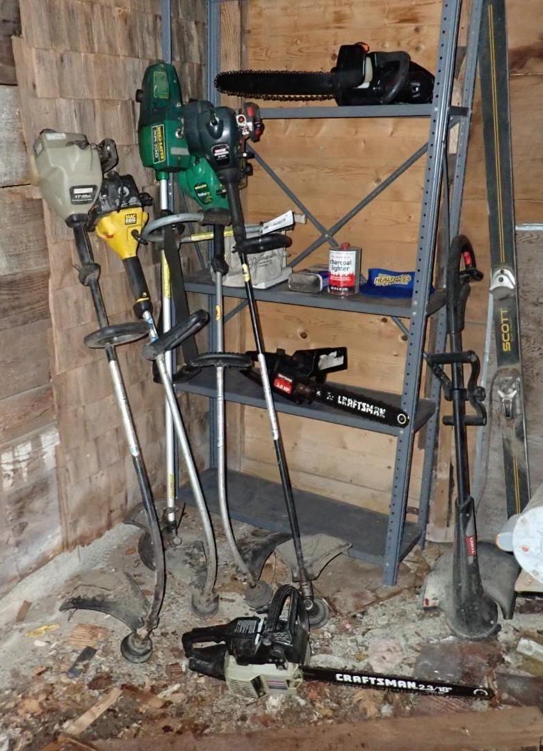 Weed Wackers & Chainsaws: most need repair, Location: Barn Backside 