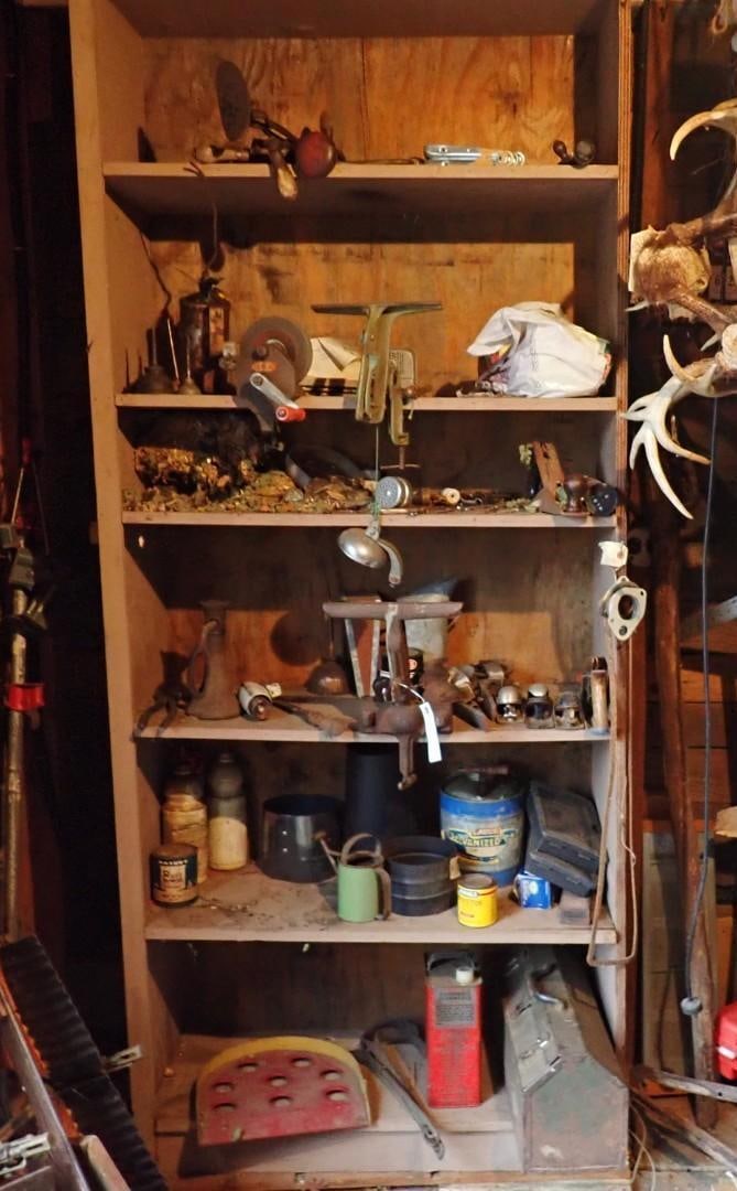 Contents of Cabinet: incl. block planes, vises, sharpening stone, bit braces & ect., includes wood cabinet, Location: House Addition 