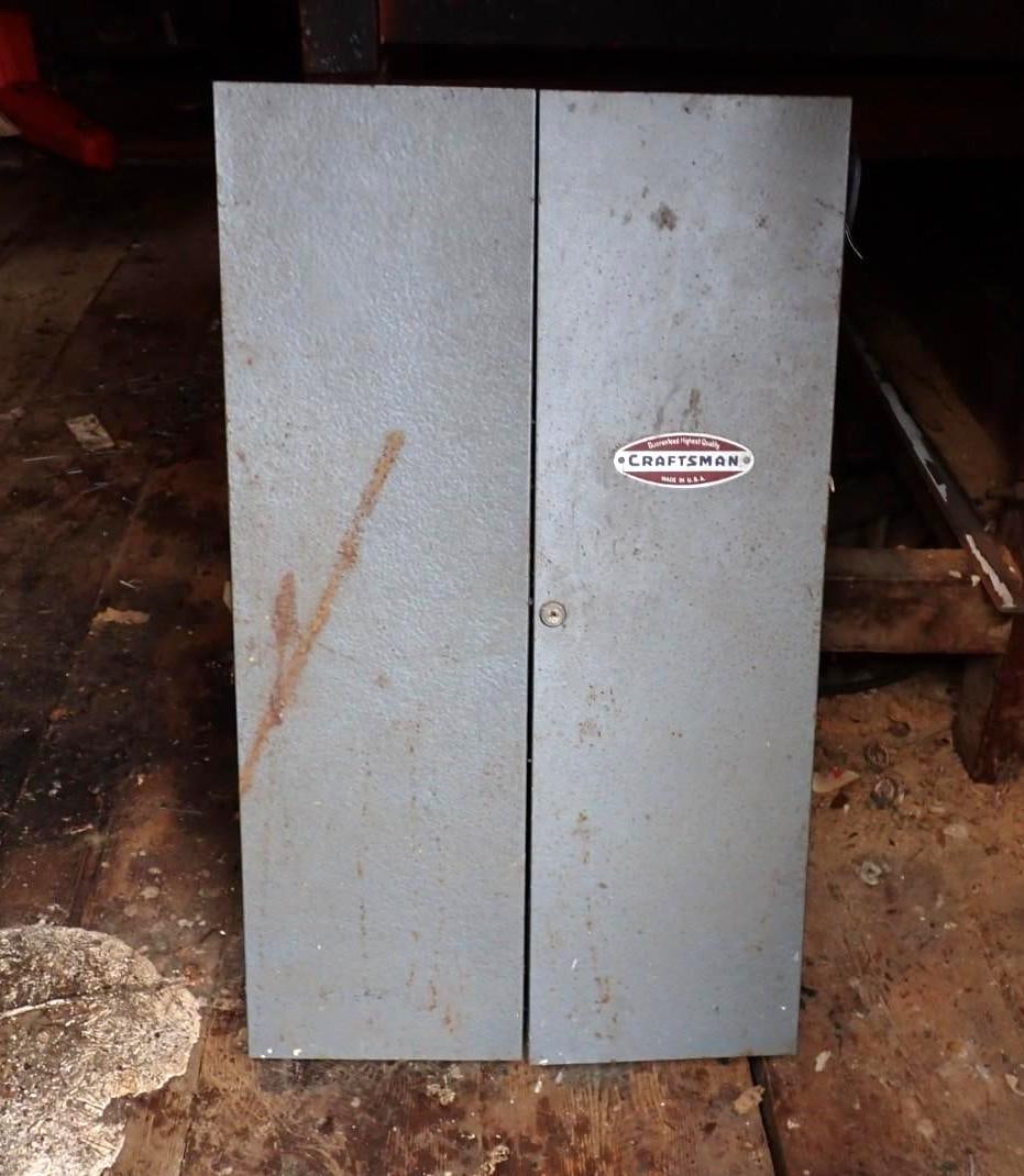 Vintage Craftsman Parts Cabinet: **locked** and closed, 19" x 5 1/2" x 32", Location: House Addition 